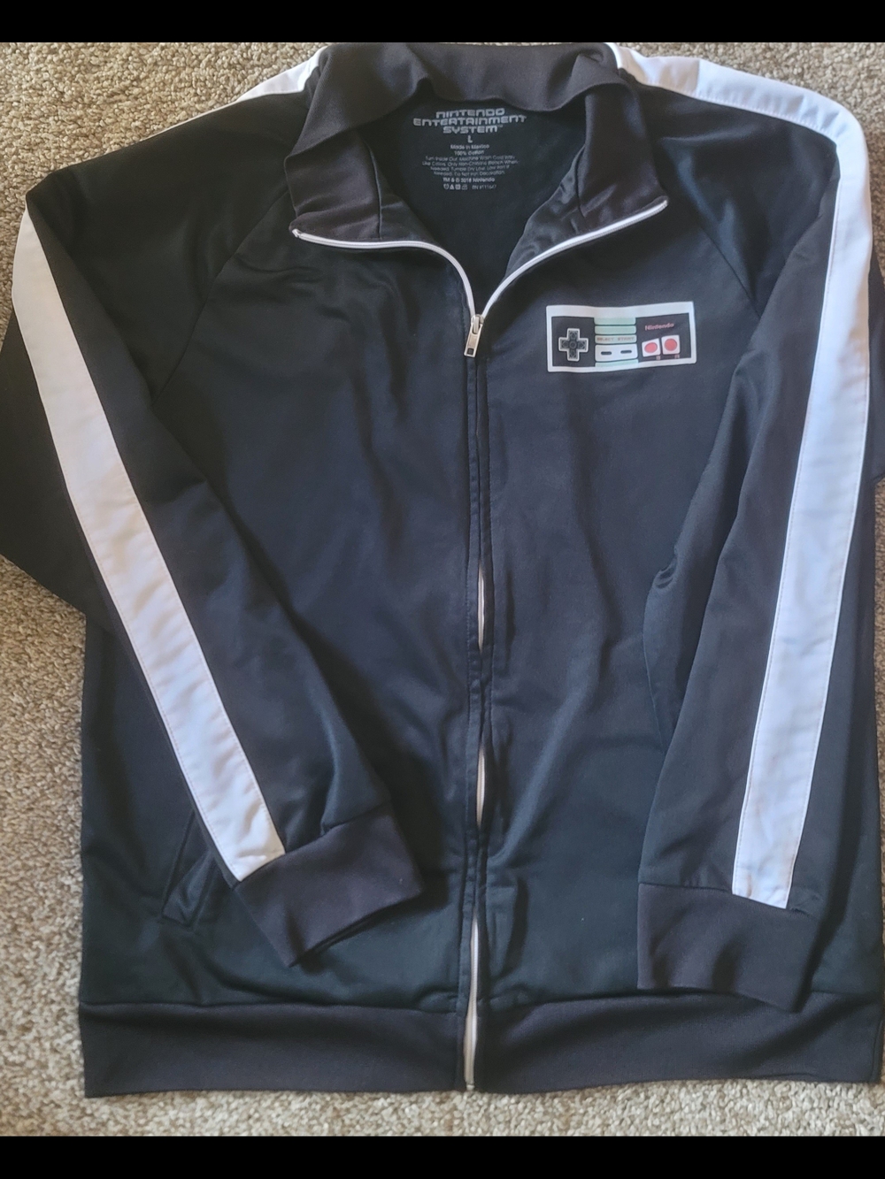Nintendo Black Track Jacket with White Sleeve Stripes and NES Controller Patch
